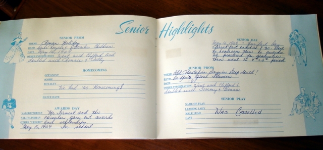 Senior Highlights from my Golden Memories book.
Senior Prom:Theme:Roman Holiday. Band:Duke Royale & Eternities Children Date:May 16, 1969
Homecoming - We had none!
Senior Play - Cancelled
Senior Day - Breakfast ended at 8:30 then we went to Homeroom a